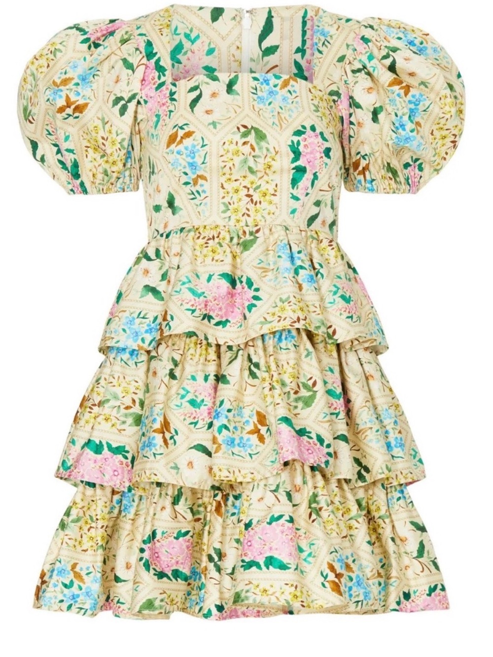 Hunter Bell Floral Tiered Puff-Sleeve Mini Dress in Cream and Pastels